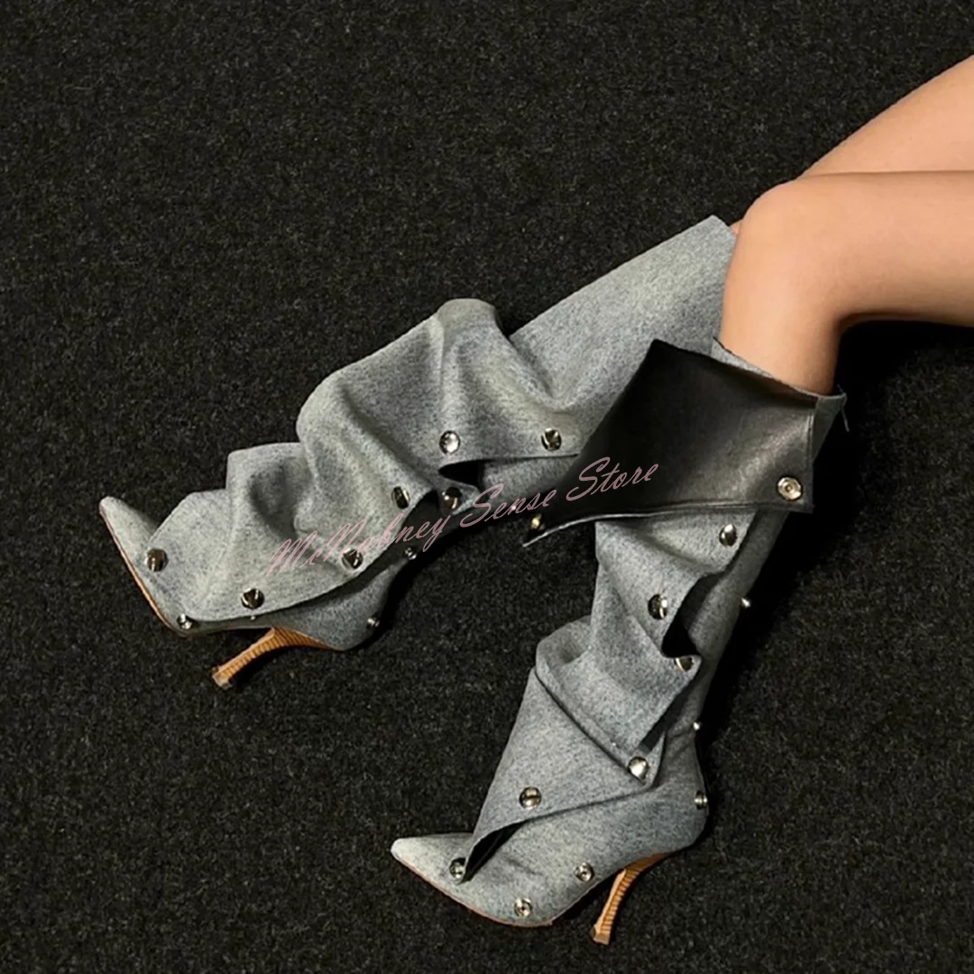 Detachable Button Denim Boots Rivet Buckles Pointy Toe Stiletto Heels Fashion Boots Women Autumn Winter Sexy Shoes Designer New