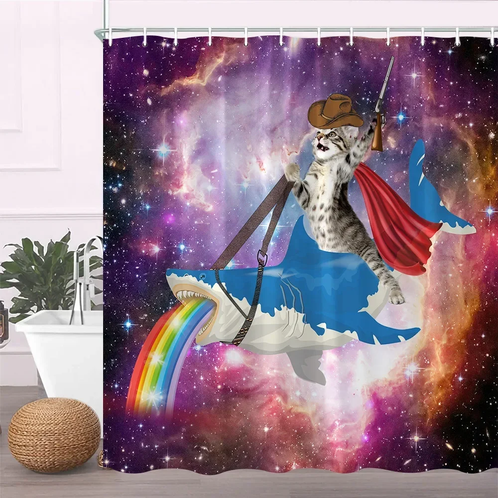 

Забавная занавеска для душа с ковбойским котом в стиле вестерн, кошка для верховой езды, акула, Кит, Вселенная, галактика, мультфильм, забавная тканевая занавеска для детского декора, занавеска для ванны