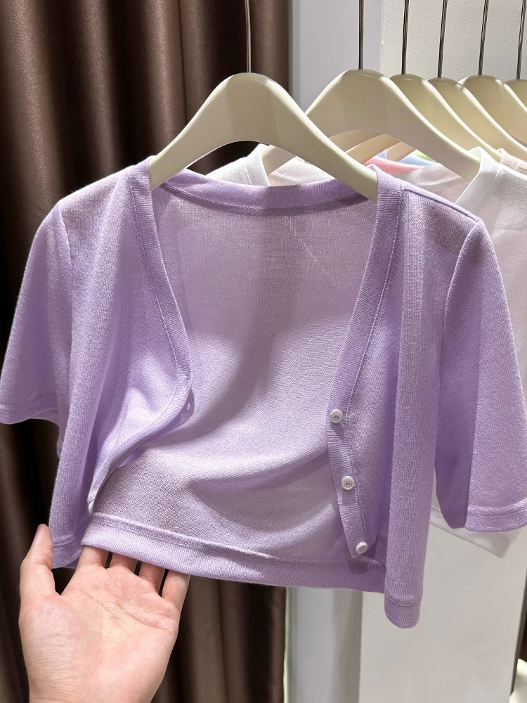 

ort Sve V-Ne Ice Silk Knitted Cardigan Women's Summer awl Outerwear Lace Open-irt Korean Sle Regular Fit Button up