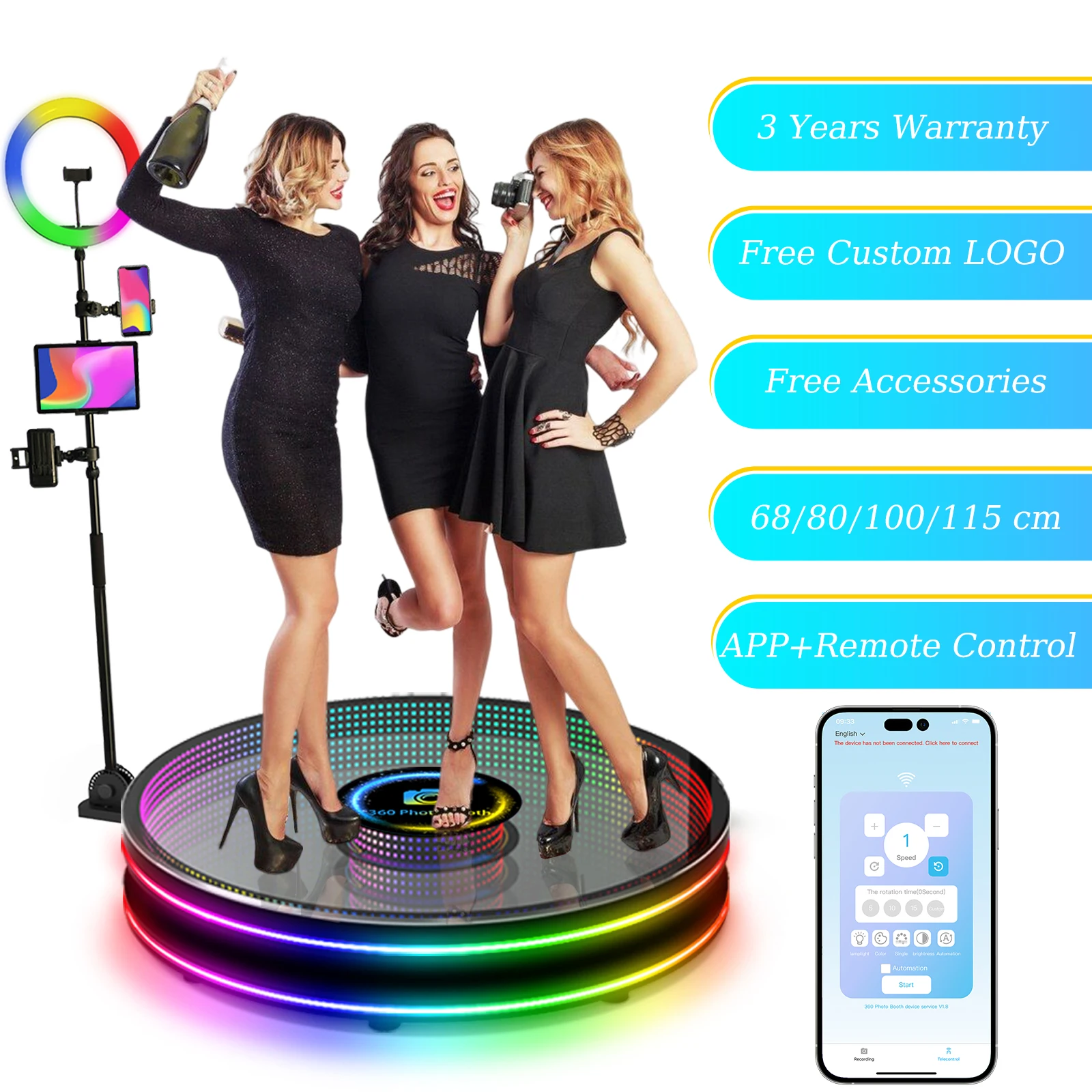 80CM LED Tempered Glass 360 Photo Booth Automatic Spin Slow Motion Video Automatic Rotation Platform Camera Booth For Weddings