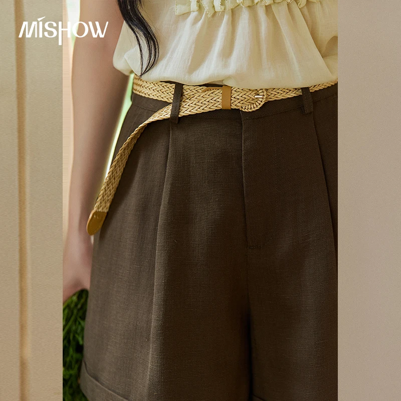 MISHOW Casual Wide Leg Short Pants For Women 2026 Summer High Waisted Breathable Rolled Edge Shorts With Waist Belt MXF26K2720