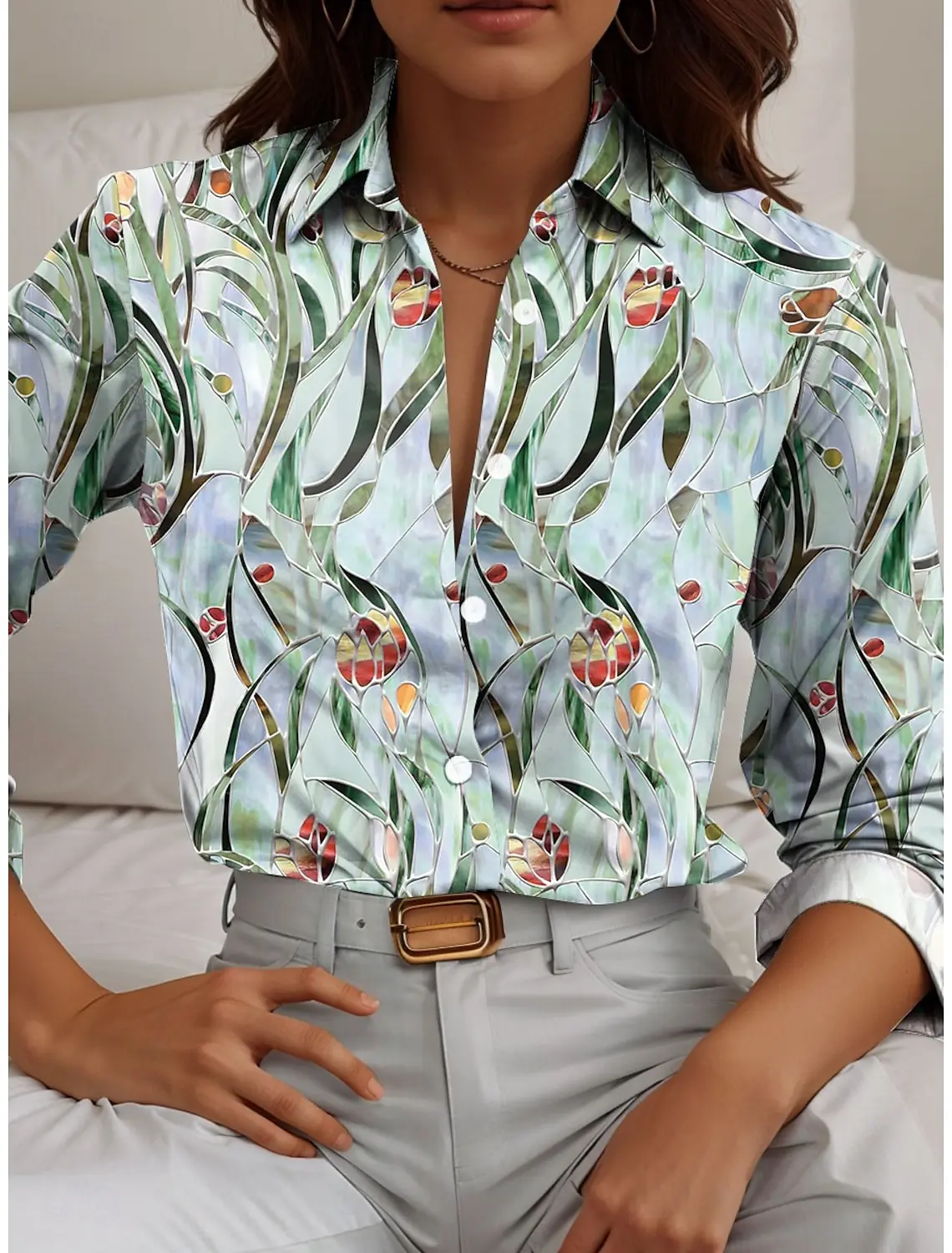 Women's Shirt Flower Active Stylish Blouse Lapel Neck Blouse Fashion Women's Long Sleeve Shirts Womens Clothing Female Clothing