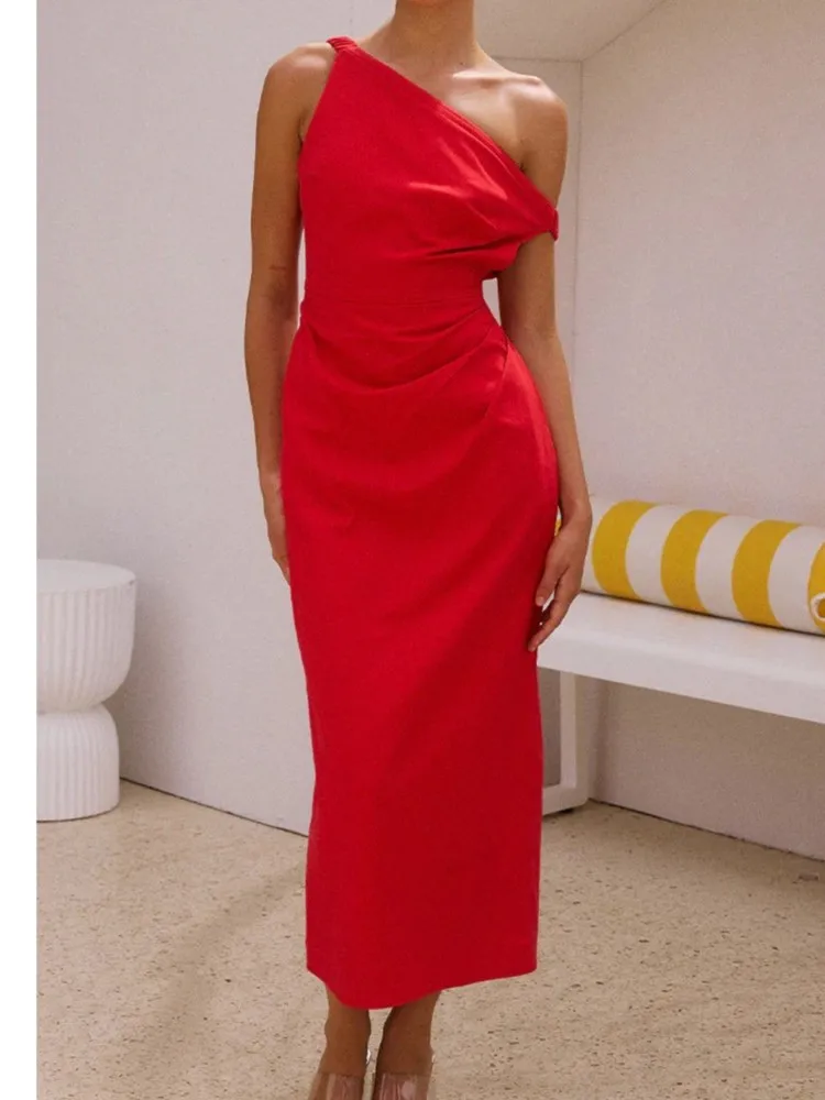 

Sexy Sleeveless Party Long Dress Women Fashion Elegant Slim Solid Color Off Shoulder Vestidos Inclined Shoulder Club Dresses