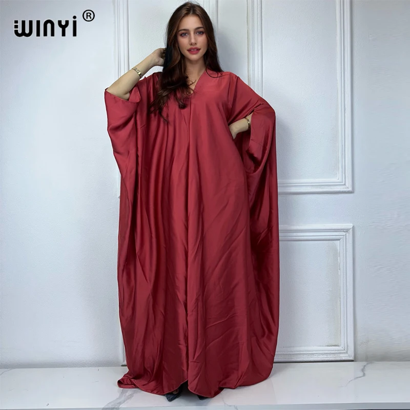 WINYI summer high quality monochrome elegant Swimsuit Cover Up Women Beach Dress V-neck Dresses fashion Robe abaya dubai luxury