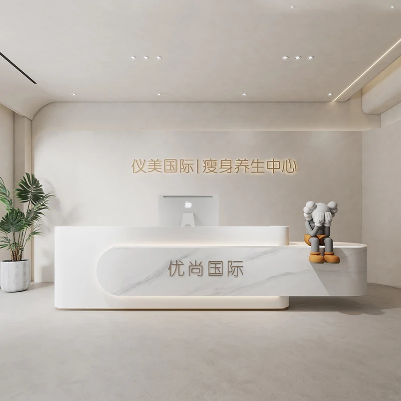 

Simple stainless steel bar counter clothing store checkout page imitation marble curved reception desk beauty salon front desk