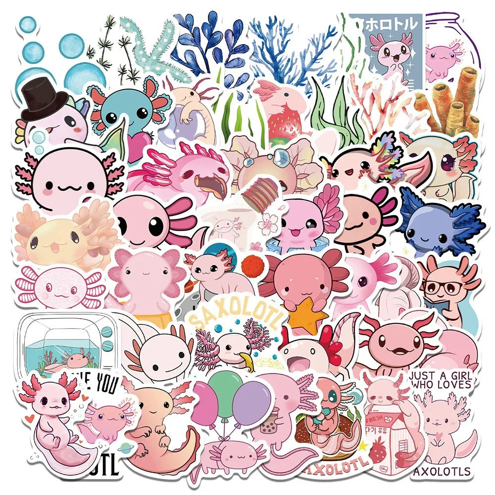 50/100PCS Axolotl Waterproof Sticker Party Favors Supplies Cartoon Kawaii Animals DIY Laptop Water Bottle Skateboard Luggage