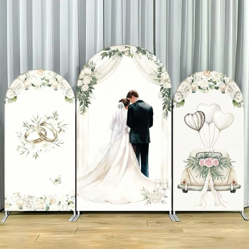 

Single Side Arch Backdrop Cover Elegant Wedding Background featuring romantic couple silhouette with floral arches and vintage