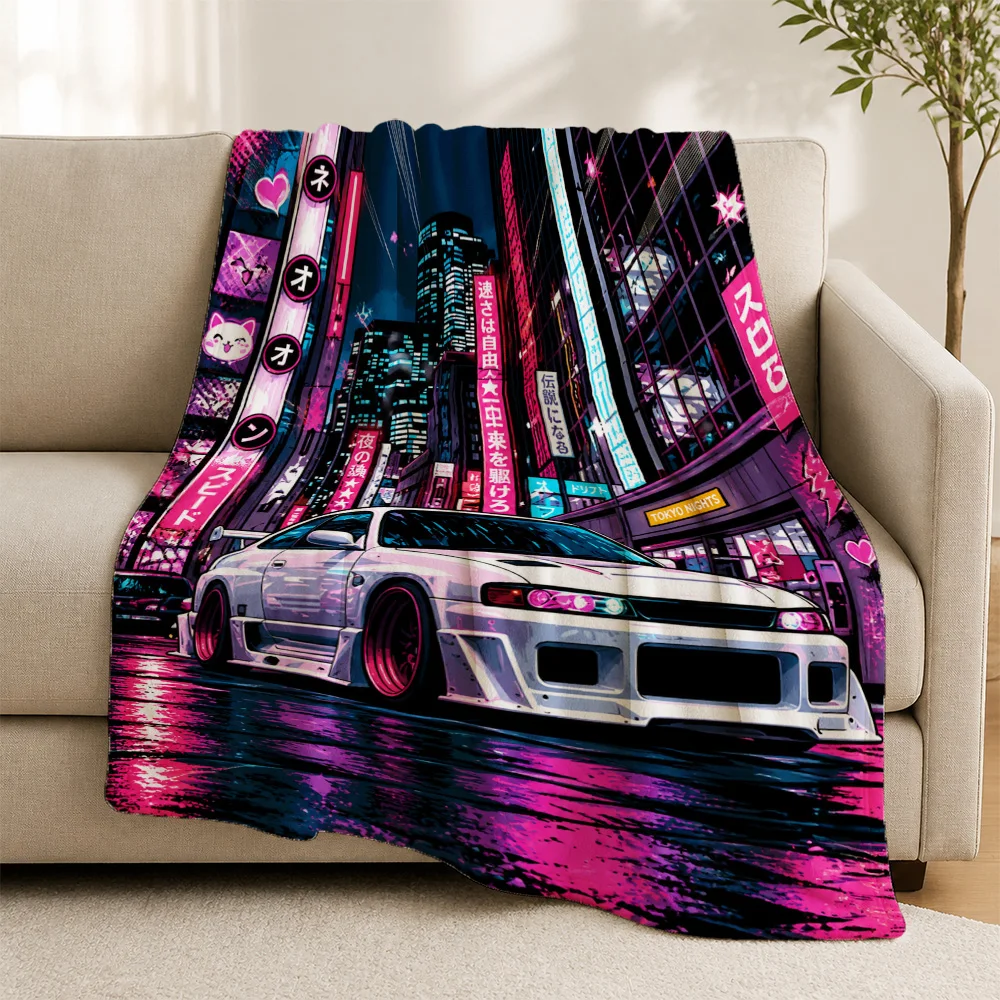 Neon Tokyo Street Car Art Cyberpunk Sofa Throw Blanket Home Decor Anime JDM Style Cozy Throw for Living Room