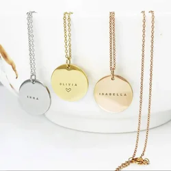 Custom Engraved Names Date Stainless Steel Round Pendant Necklace Personalization Included Text Free with Chain Gift for Lovers
