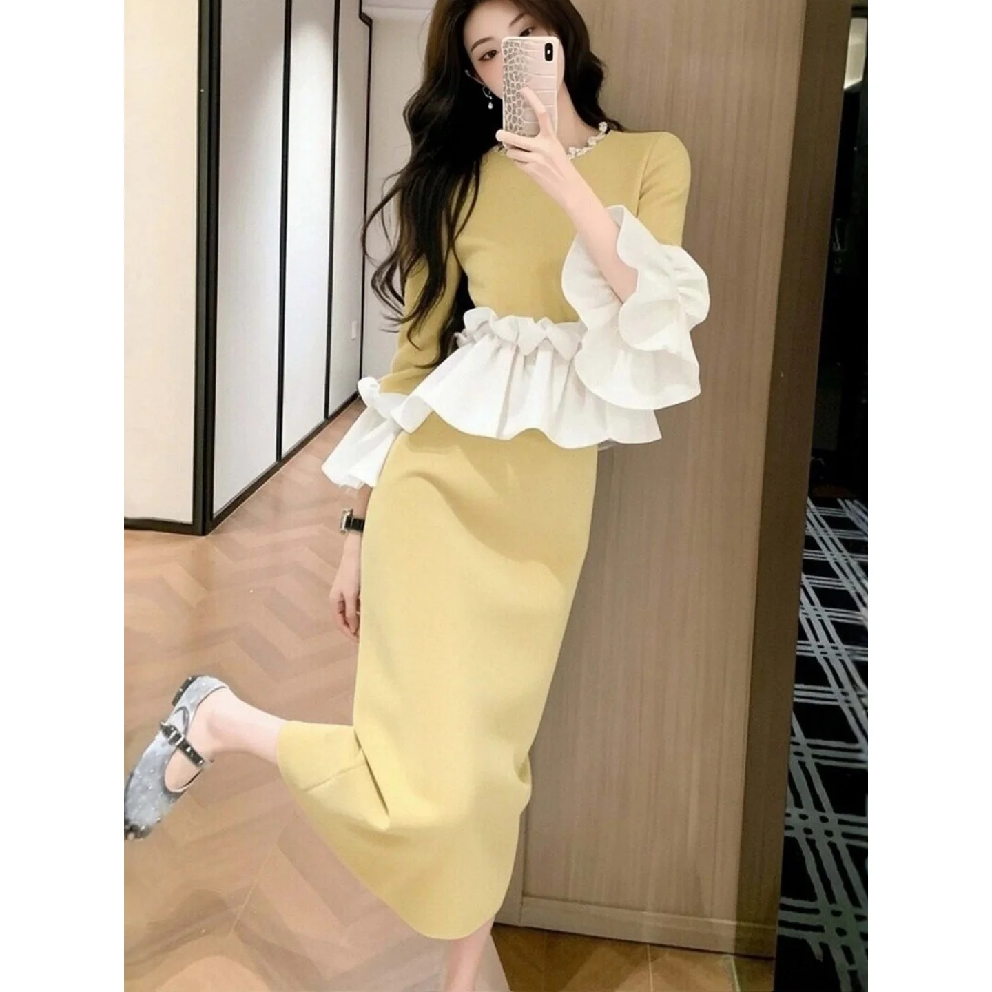 

Yellow Floral Splicing Slim Fit Shirt And Skirt Set Early Spring Fashion Women's High Waist Warm Seven Sleeve Length