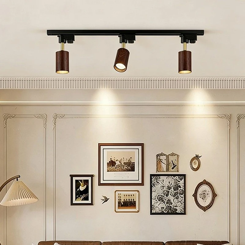 Nordic Retro Walnut Spotlight Living Room Feature Wall Track Lighting Hallway Surface-Mounted Lighting Without Central Fixture