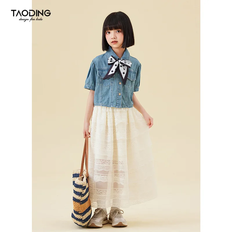 

baby girl clothes suit Girls Summer 2024 New Denim Puffed Sleeve Shirt and Gauze Skirt Two-piece Set Fashion Comfort Children