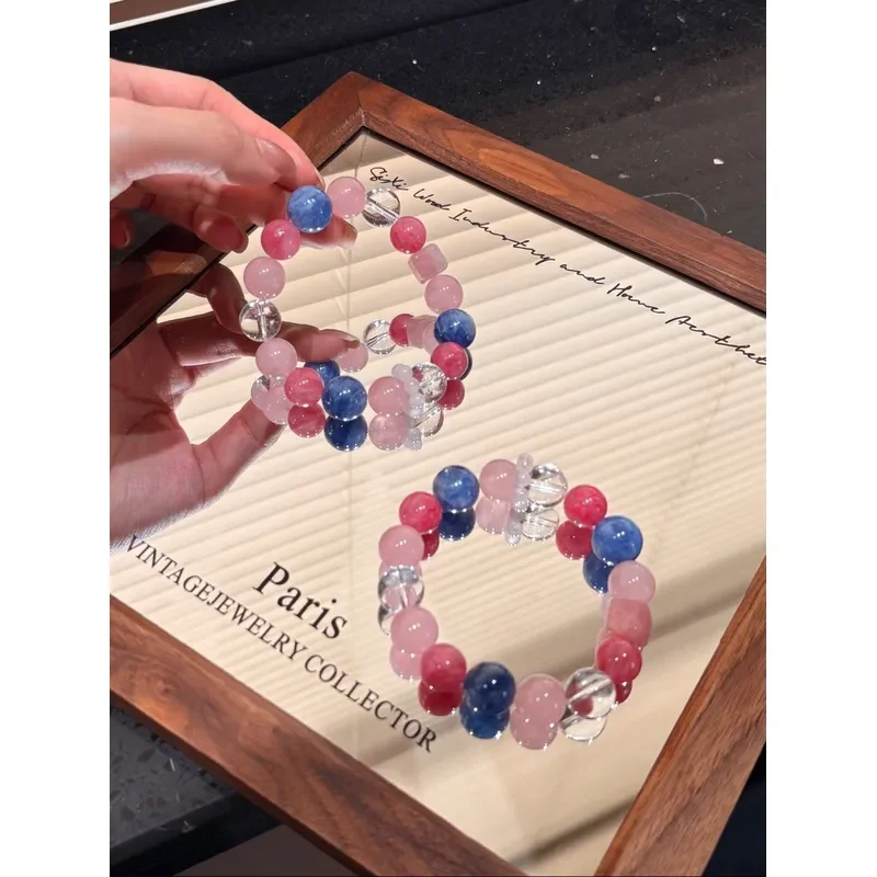 Original natural powder crystal rose stone kyanite bracelet, exquisite retro high-end temperament, elegant woman for friends