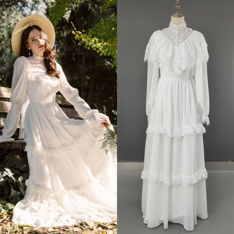 15377 #   Personalizado simples vintage mangas compridas inchadas babados chiffon vestido de casamento para mulher 2024 festa vestido de noite personalizado