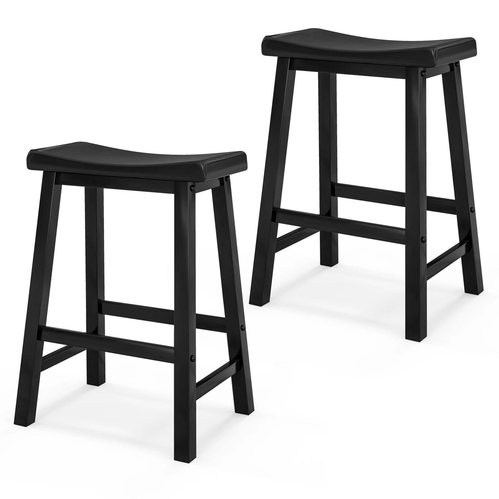 Set of 2 Saddle Bar Stools Counter Height Dining Chairs w/ Wooden Legs Black