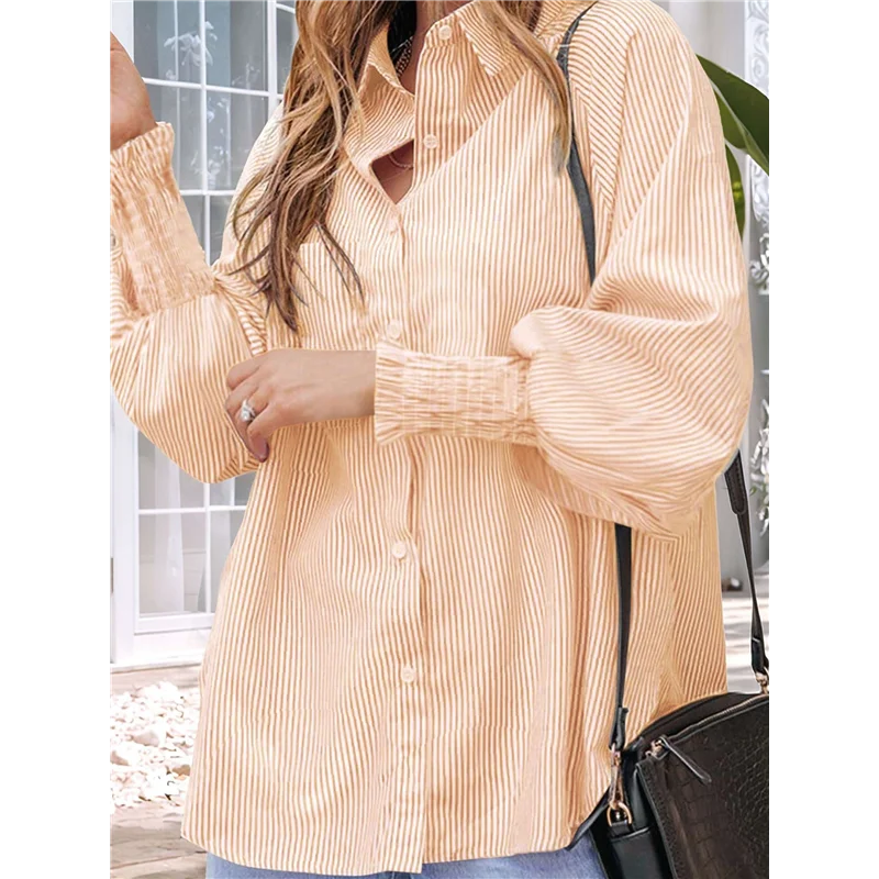 قميص نسائي مخطط بأزرار سفلية بلوزة صديقها مكبلة بأكمام مكشكشة ملابس علوية غير رسمية مع جيوب