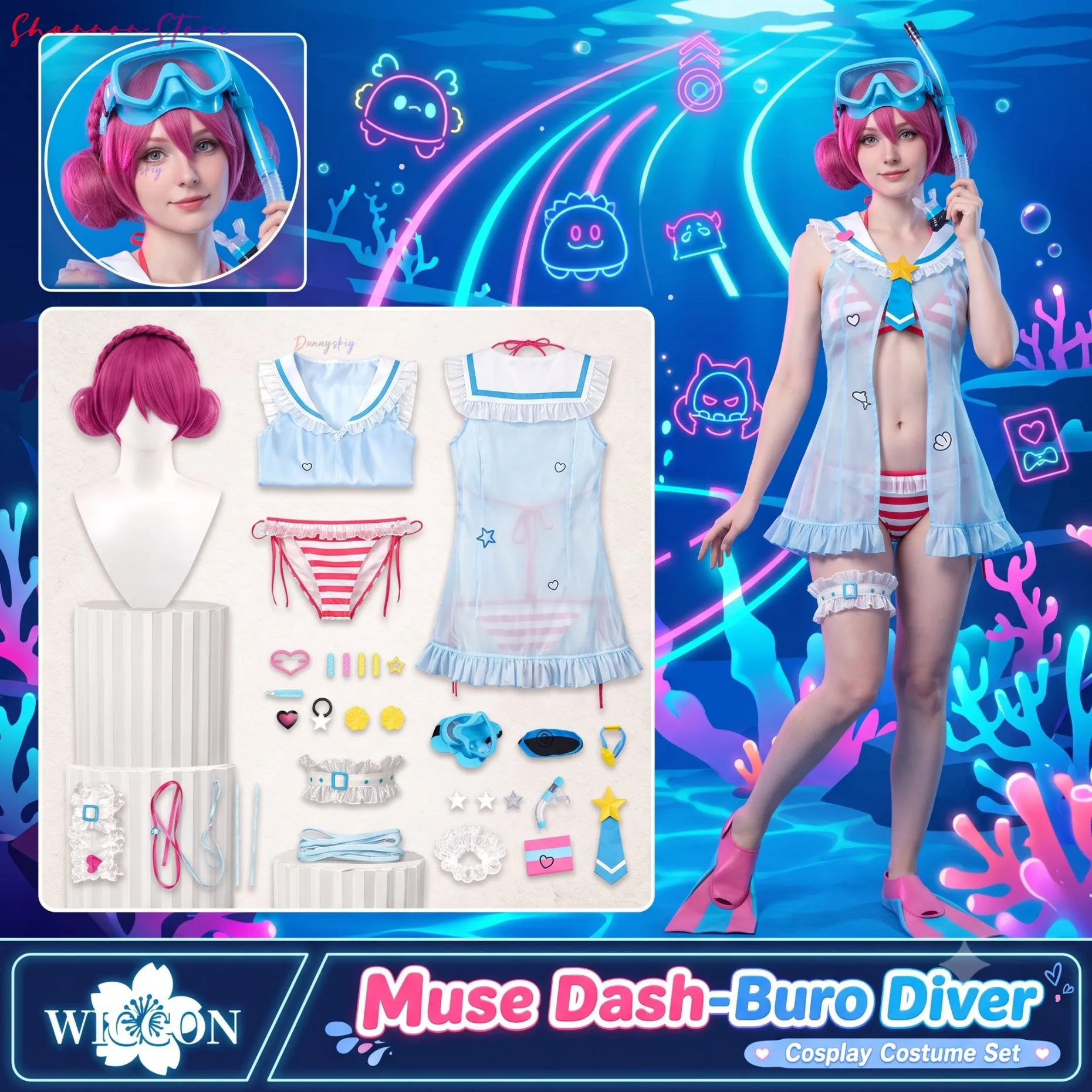 Disfraz de Buceador Buroro, Uniforme de Verano, Traje de Baño, Cosplay Musese, Anime, Juego Dashsh, Kawaii, Lindo, Bikini, Pelucas Rosas, Halloween