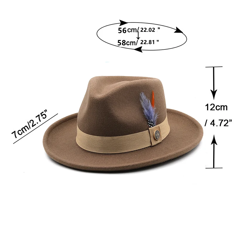 New Feather band Wool Felt Jazz Fedora Hat Women Unisex Wide Brim Panama Party Trilby Cowboy Cap Men Gentleman Wedding Hat