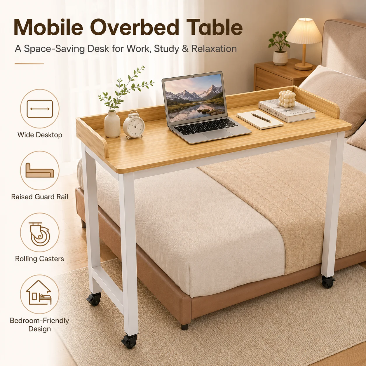 Mobile Overbed Table with Wheels, 40cm Wide Bed Desk, 3-Sided Guardrail, Heavy Duty Steel Frame for Bedroom Office