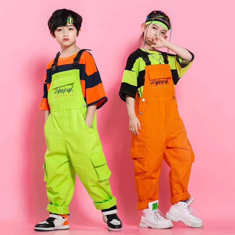 Crianças fluorescente verde superior macacão para crianças kpop roupas meninos jazz dance wear meninas legal hip hop trajes de dança outfit xs1376