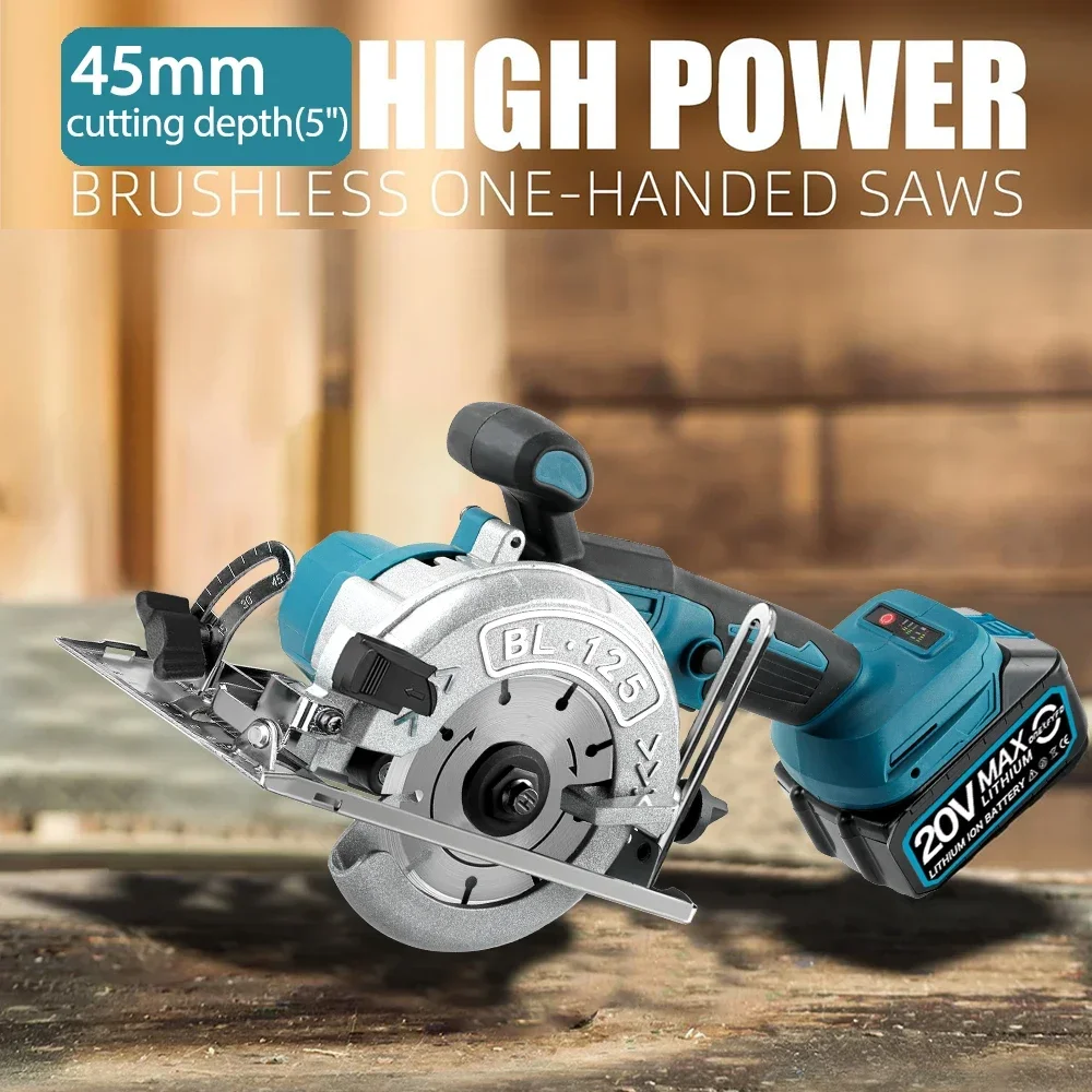 Brushless 5-inch 125mm Electric Circular Saw 45° Adjustable Wood Cuttiing Machine Handheld Woodworking Saw for Makita Battery