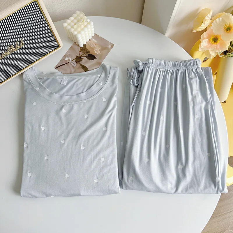 Women's Heart Print Pajamas Pijama Nighty Summer Short Sleeve Sleepwear Pyjamas Femmes Loose Loungewear Sets Soft Nightwear