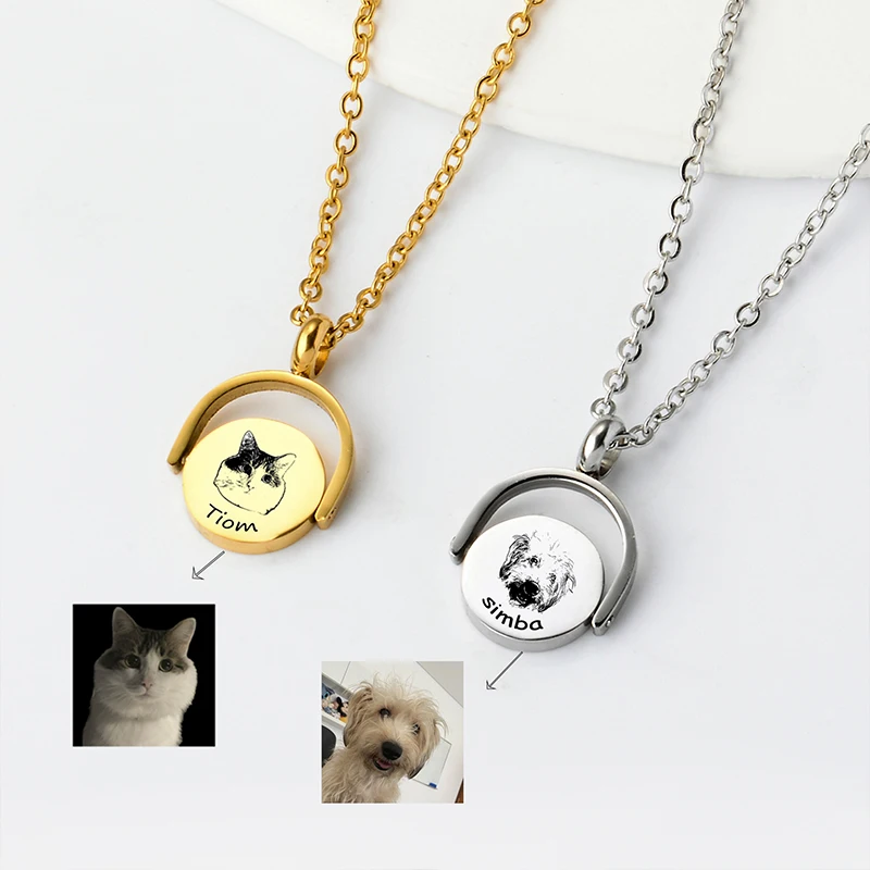 

Custom Engraved Pet Photo & Name Necklace, Round Pendant Memorial Jewelry for Cat/Dog Lovers Animal Portrait Keepsake Gift