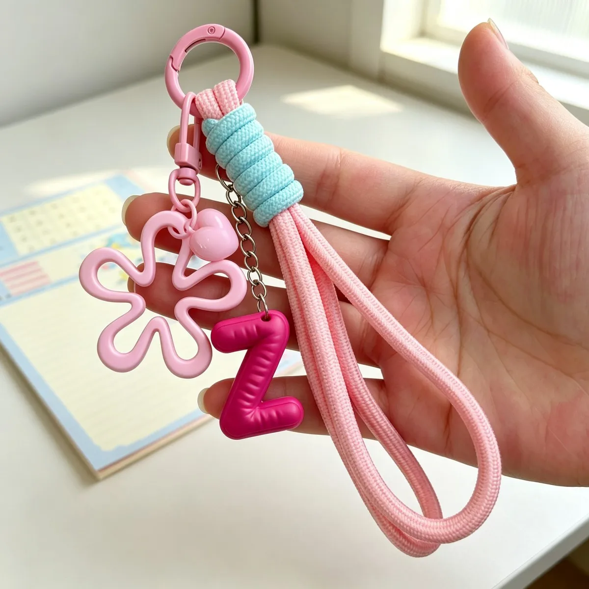 Custom 3D Printed Alphabet Letter Keychain, With Braided Wrist Strap, Flower Bag Charm Pendant, Cute Birthday Gift for Girls