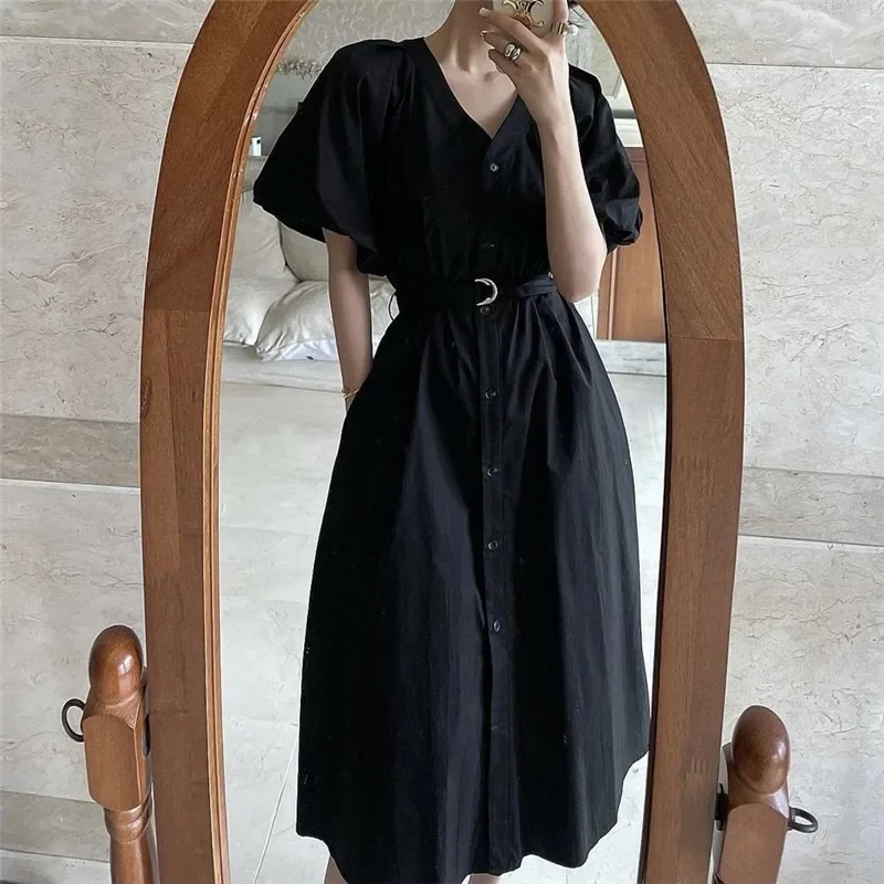 REALEFT Vintage High Waist Women's Shirt Dresses Sashes 2025 New Spring Summer Puff Sleeve V-neck Single Breasted Long Dress