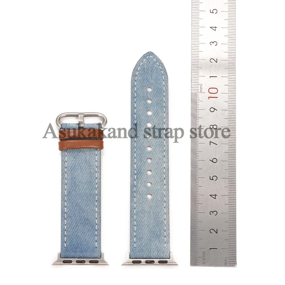 Blue Cowboy Material Canvas Cowhide Men Women Strap for Apple Watch7 8 Band  for Iwatch Series 10 9 Band 42 44mm 45mm 46mm 49mm