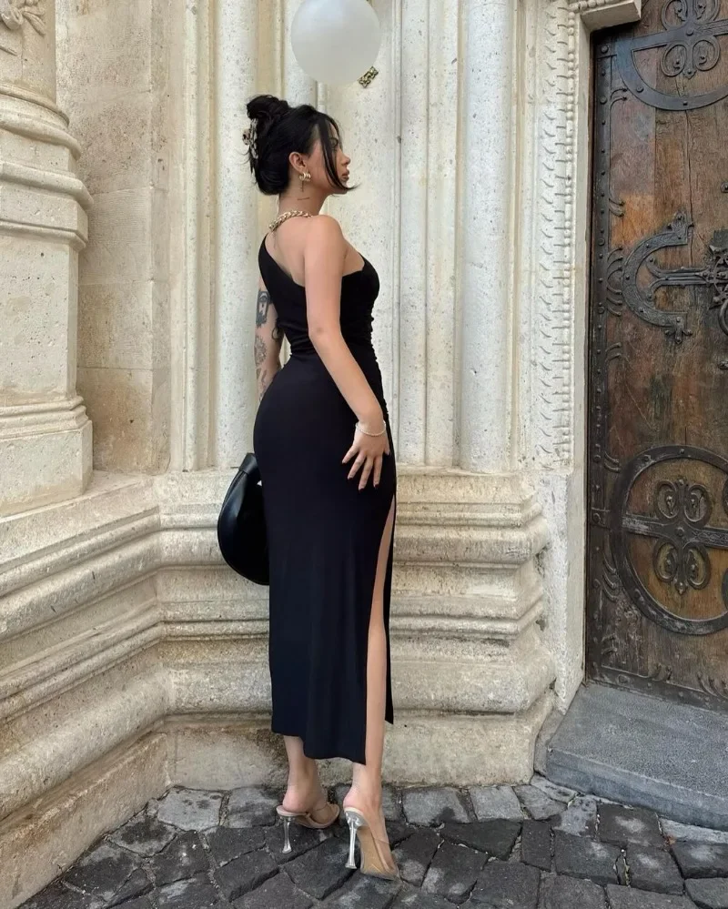 

Summer Women Single Shoulder Ruched Long Dress Solid Side Slit Bodycon Sexy Streetwear Party Elegant Club Evening Dresses 원피스