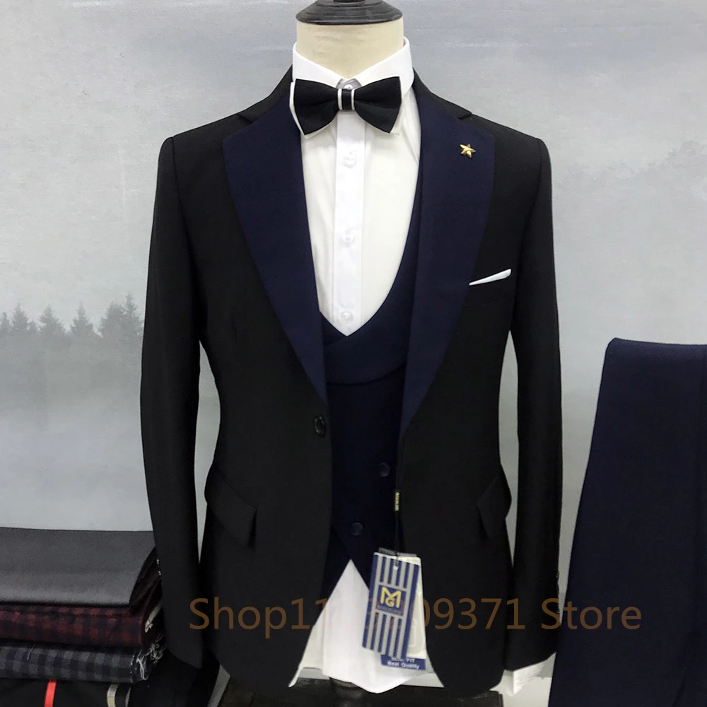 3 Piece Men\'s Suit Wedding Groom Tuxedo Black Jacket Set Formal Blazer Purple Pants Vest Slim Fit Outfit Costume Mariage Homme