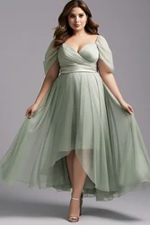 Flycurvy Vestido largo de talla grande para invitados de boda, color verde salvia, con dobladillo alto y bajo