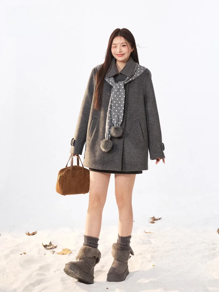 

plus Size Women's Woolen Coat Korean Sle ay Tone College Faion Turn-down Collar Thi Winter Outerwear for plus Size