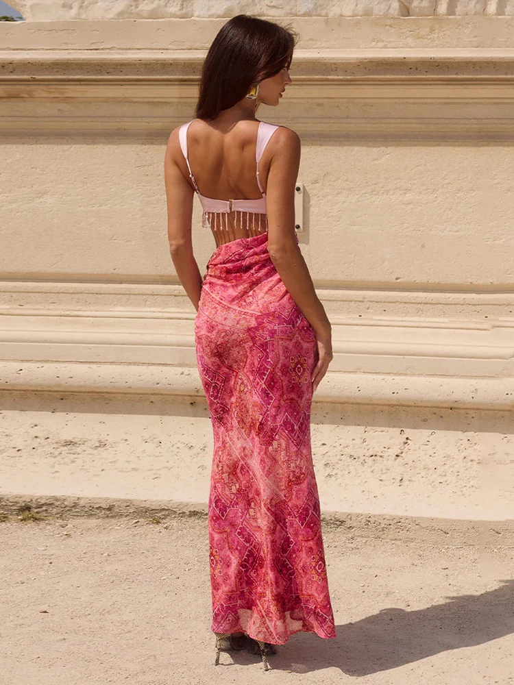 Sisterlinda maxi-jurk met patchwork en kwastjes, unieke vakantiestijl, schuine taille, uitgehold, mouwloos, recht gewaad, populaire japon