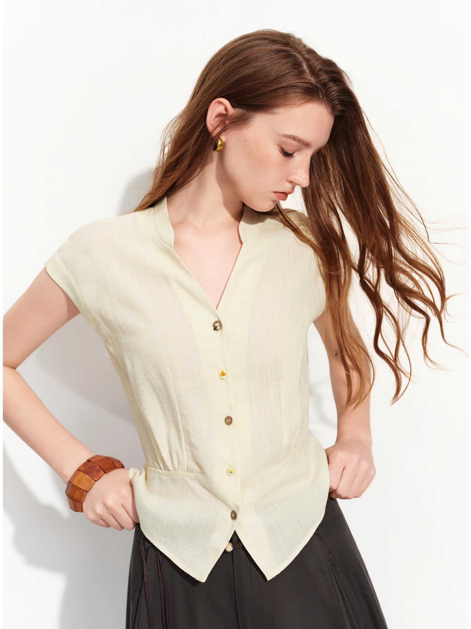 FSLE 2026 Summer Women's Linen V-Neck Cap Sleeve Blouse with Plaid Print and Waist-Defining Fit - Casual Style for Daily Wear