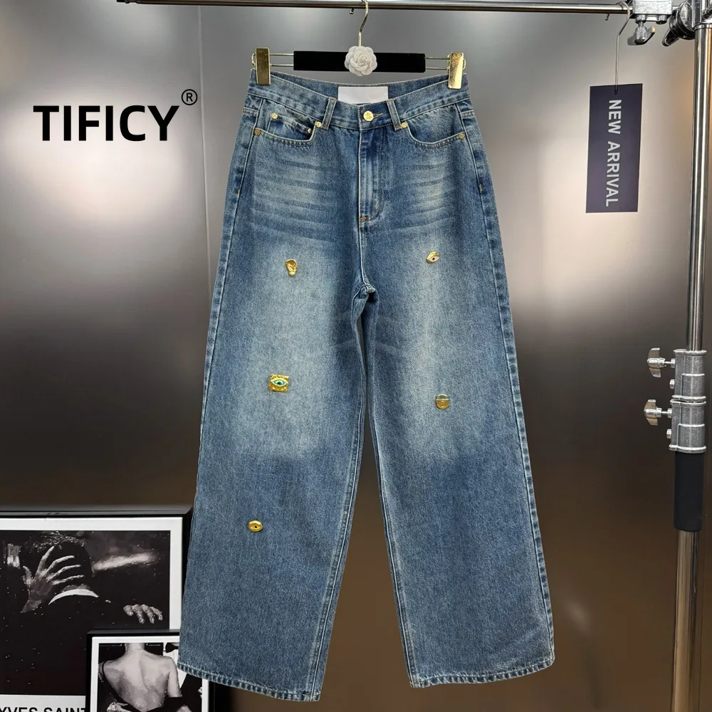 High Street Jeans Pants Women's Handmade Metal Buckle Decoration Mid Waist Wide Leg Straight Tube Blue Washed Denim Long Pants