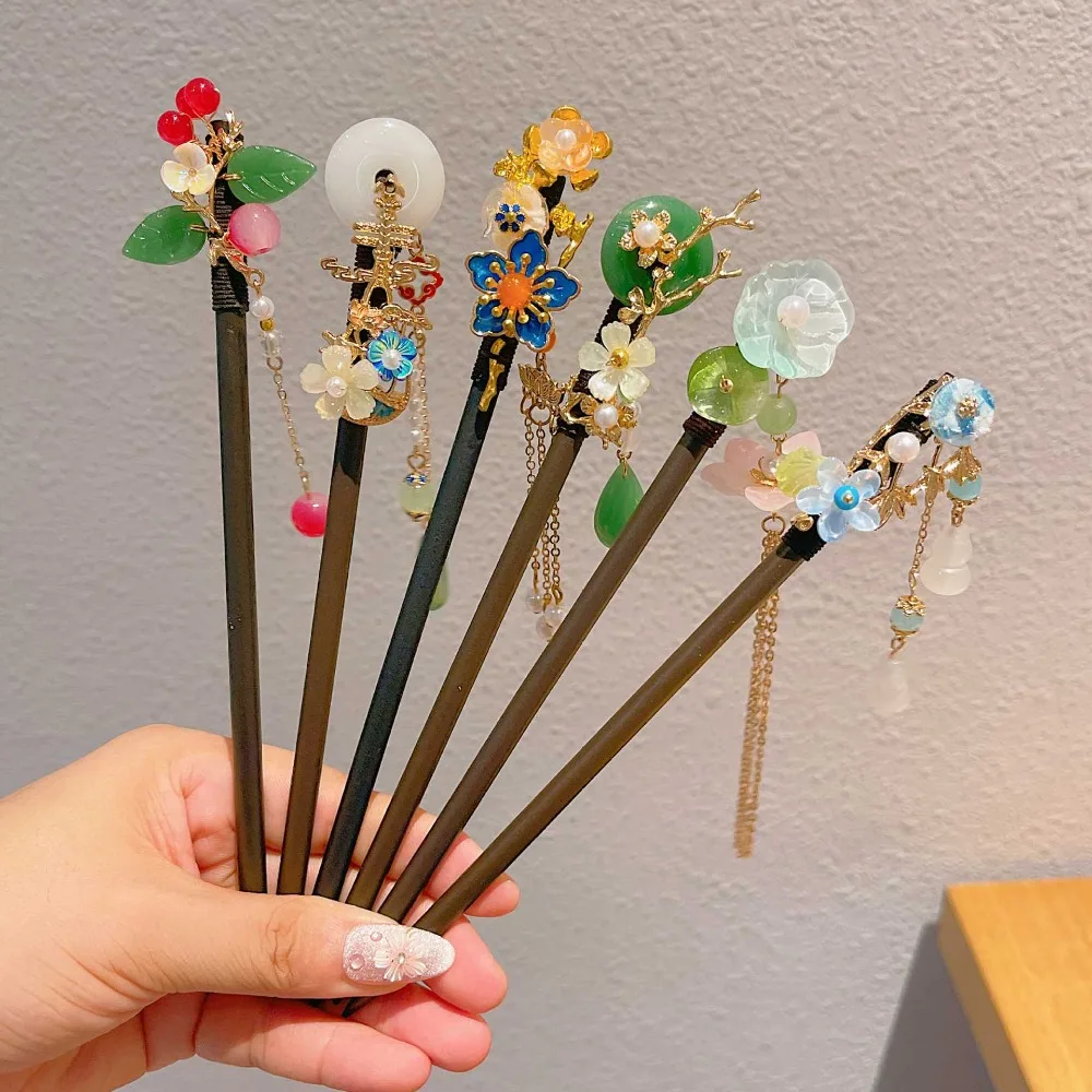 

Fashion Tassel Wooden Hairpin Vintage Elegant Flower Hanfu Headpiece Chinese Style Hair Stick Headwear Hair Accessories
