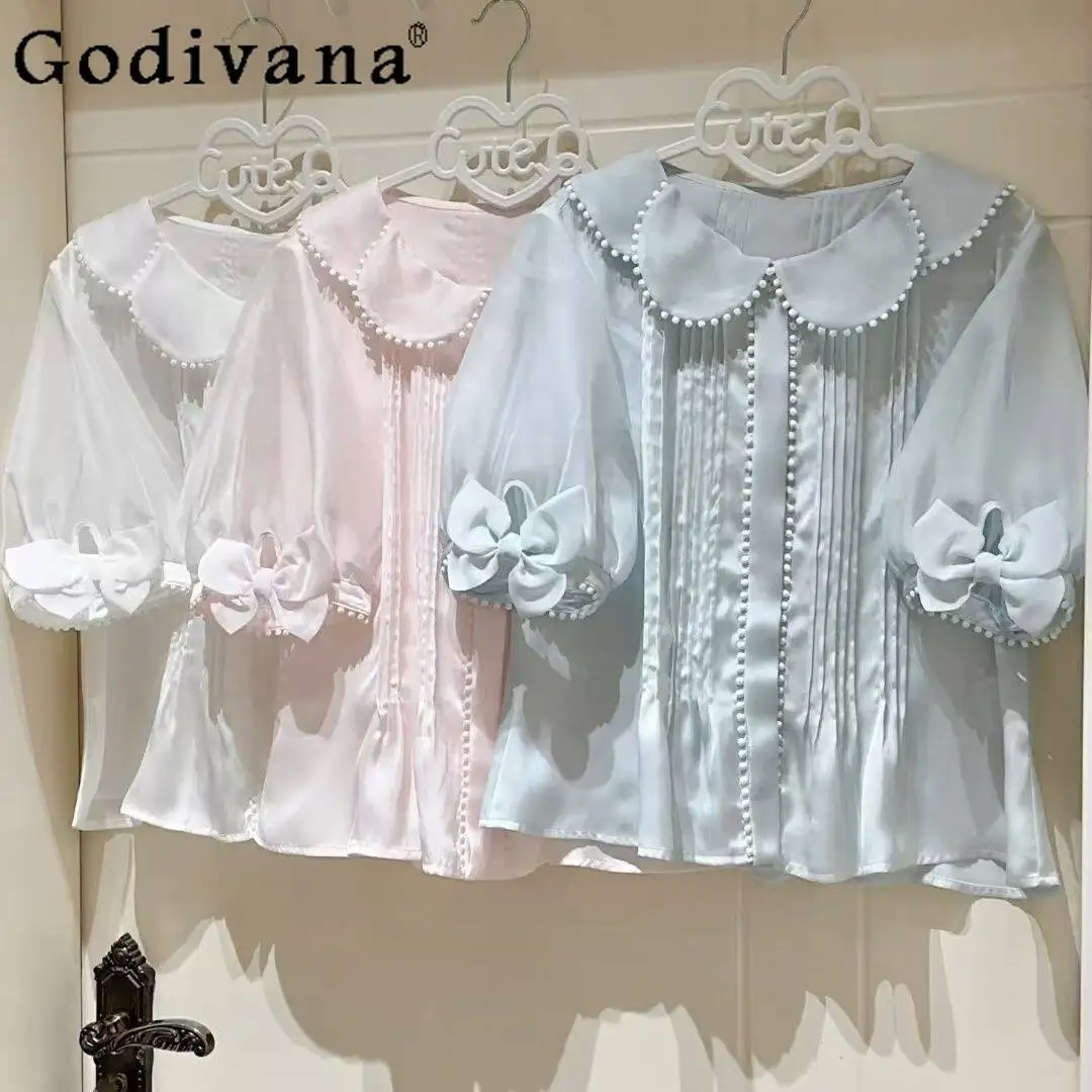 

Original Japanese Sweet Girls Lolita Short-sleeved Shirt Summer New Clothing Women's Cute Kawaii Bow Petal Collar Tops Blouses