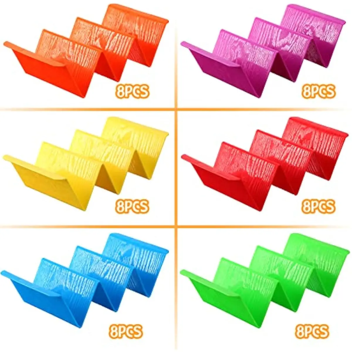 48-piece vibrant triangular taco supports in six distinct hues purple green orange red yellow blue each holds two to three torti