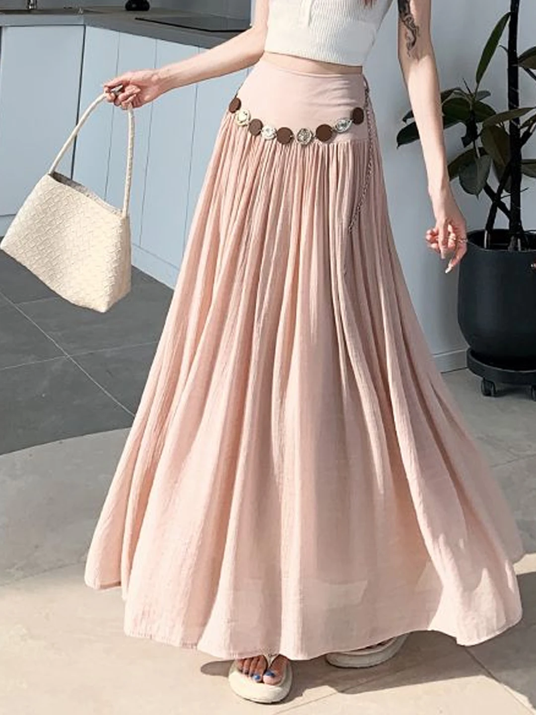 

Summer New Style Women's High Waist A-Line Skirt Chiffon Draped Large Hem Long Skirt Slimming Effect Commute Korean Style
