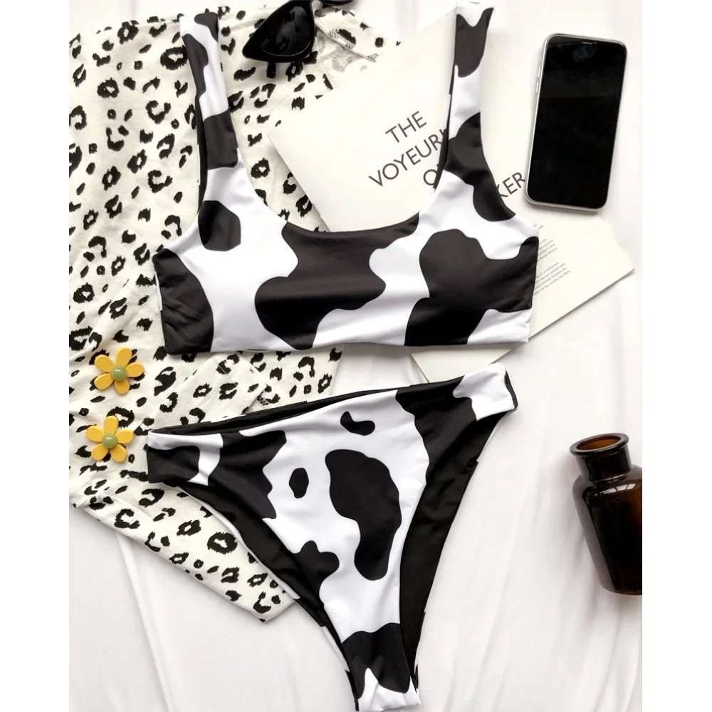 Cow Print Bikini High Waist Tankini Cute Swimsuit Women Trend Two Piece Swim Suit Bathing Swimwear Beach Outfit Bikinis Biquinis