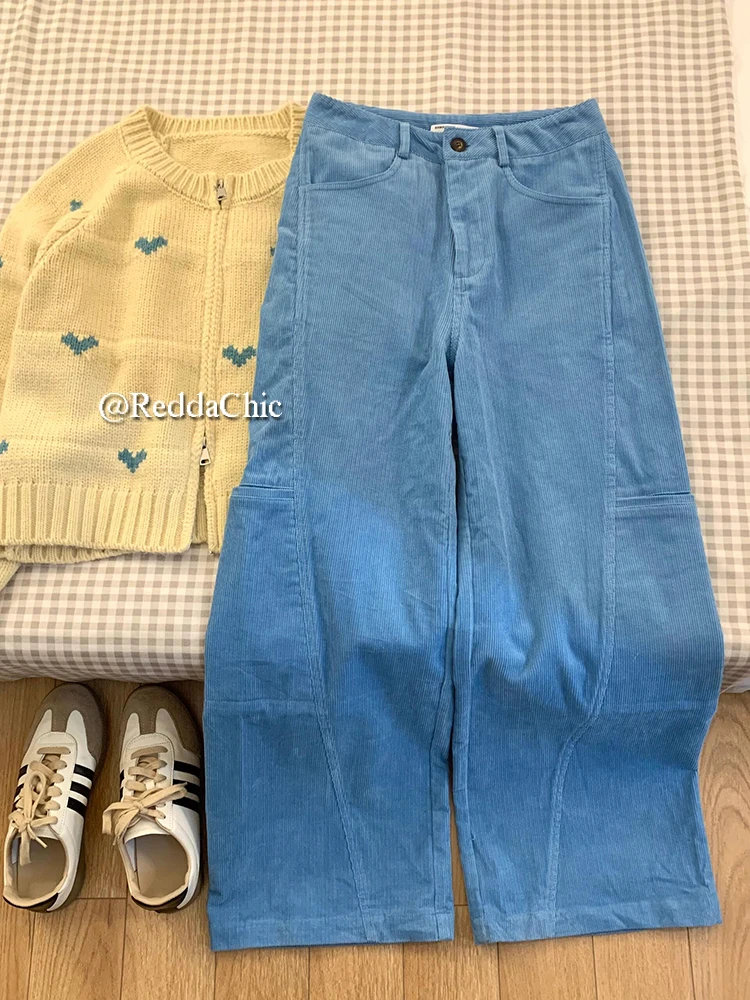 REDDACHiC Big Size Winter Fleece Lined Cargo Pants Women Baby Blue Corduroy Pockets Casual Wide Leg Long Trousers Retro Clothes
