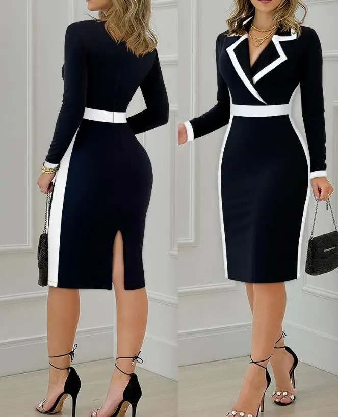 

2025Elegant Sexy Contrast Paneled Notched Collar Overlap V-Neck Slit Back Blazer Dress Cinched Waist Zipper Back Commuting Dress