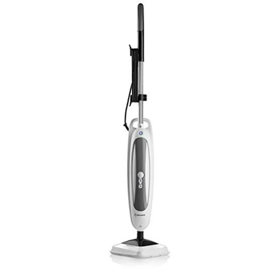 

Steam floor mop for tile, grout, hardwood floors with carpet glide; stainless steel body, white; 3-in-1 scrub-and-steam functio