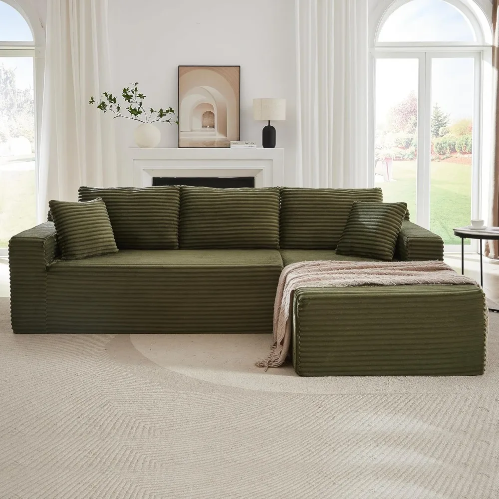 أريكة مقطعية على شكل حرف L من قماش سروال قصير، تصميم بدون عظم مع كرسي يمين، أريكة مريحة على شكل سحابة لغرفة المعيشة