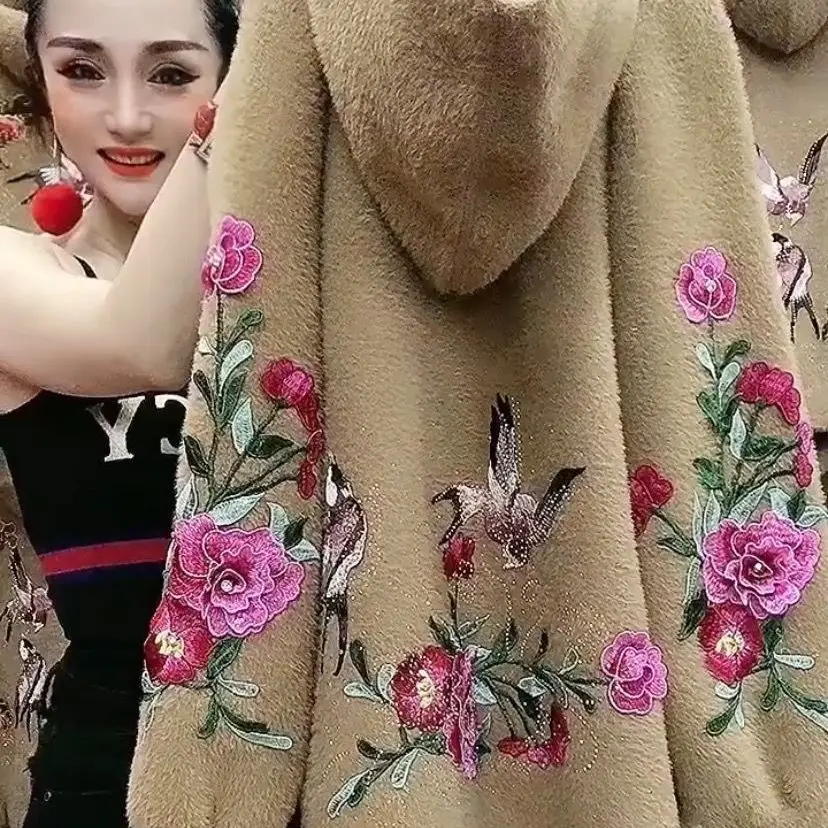 Winter Clothes for Middle-aged and Elderly Mothers, Imitation Mink Fur Coat, Medium Long Warm Hooded Fur Coat