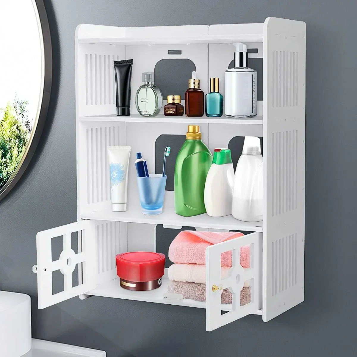 3 Layers Bathroom Cabinet Wall Mounted with Doors Storage Rack Hanging Cabinet with Shelves Kitchen storage Bedroom Storage