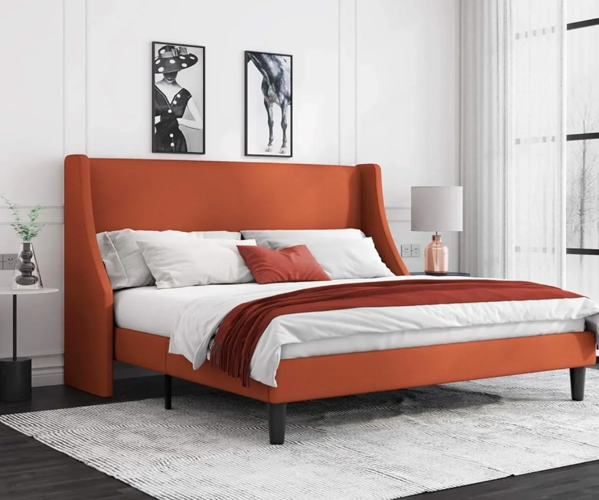 

King Size Bed Frame Platform Bed Frame Modern Deluxe Wingback Wood Slat Support Mattress Foundation Burnt Orange