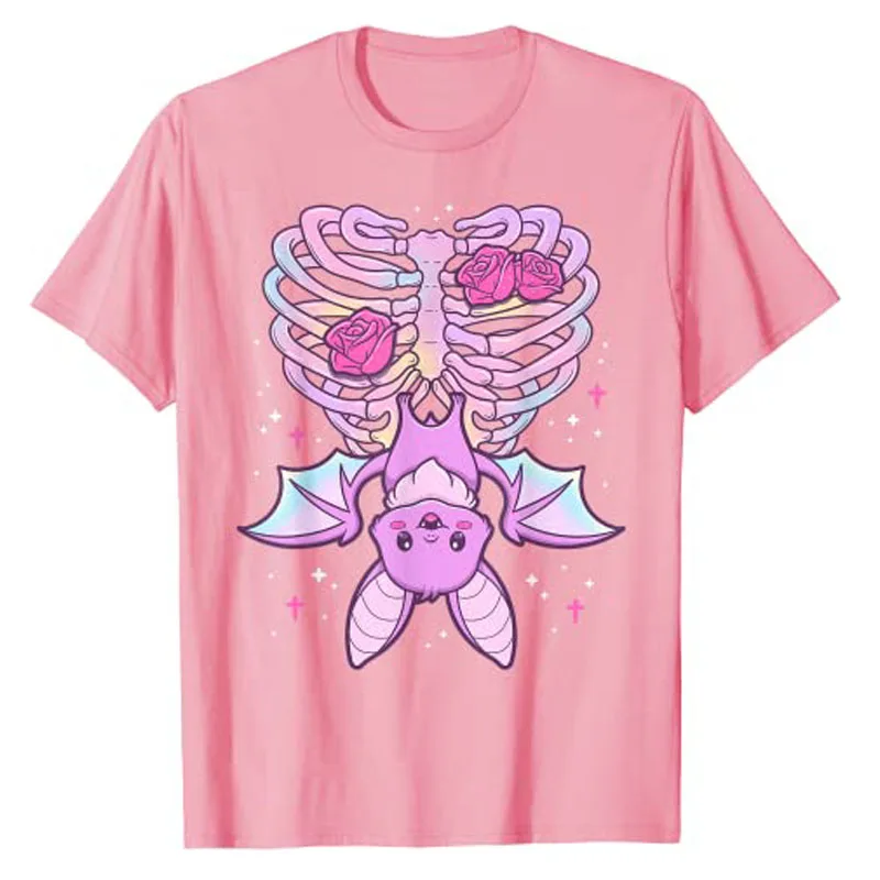 Kawaii Pastel Goth Cute Creepy Bat Skeleton T-Shirt Anime Vaporwave Aesthetic Clothes Graphic Tee Tops Halloween Costume Gifts